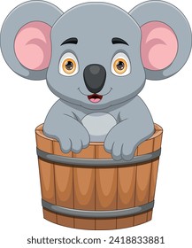 Cheerful koala in a wooden bucket cartoon