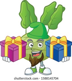 Cheerful kohlrab cartoon design with Christmas gift boxes