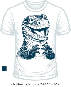 Alegre dragón de Komodo como una impresión en una camiseta, dibujo vectorial