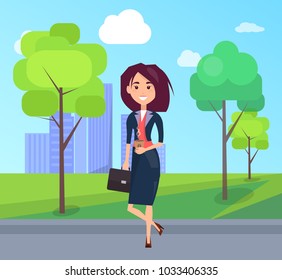 Cheerful lady on summer street, colorful poster, vector illustration of businesswoman with coffee cup and black case, sunny day, lot of green trees