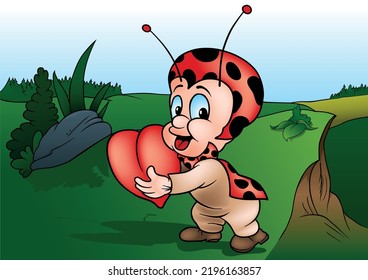 Cheerful Ladybug Carrying Heart - Colored Cartoon Illustration with Background, Vector