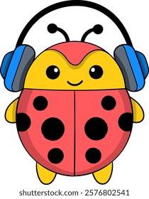 A cheerful ladybug with vibrant red and black polka dotted wings wearing a pair of blue headphones, exuding a playful and musical vibe