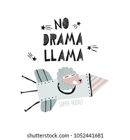 Der fröhliche Lama fliegt in einer Rakete ins All. Cartoon Vektorplakat, Kartendesign. Happy Lama in Rakete. Kein Drama-Lama.