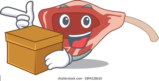 A cheerful lamb chop cartoon design concept having a box. Vector illustration