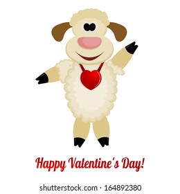 Cheerful lamb with a red heart on her neck - greeting card for Valentine's Day