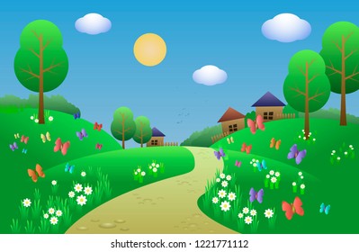 cheerful and cheerful landscape for a children s book with green hills, daisies, butterflies, trees and the village in the background. Vector illustration.