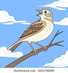 A cheerful lark bird singing on a branch with a clear blue sky background. Perfect for nature, birdwatching themes, or children's illustrations. Clean cartoon vector style.