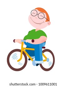 The cheerful laughing boy steers bicycle a vector illustration