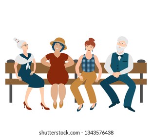 Cheerful laughing people young and old are talking while sitting on a bench. Elderly man with young women isolated. Intelligent company communicates with interest smiling. Vector illustration
