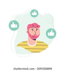 Cheerful laughing young man. Male character surrounded by hands with thumbs up. Portrait happy young man. Social approval concept. Respect and recognition of society. Flat vector isolated illustration