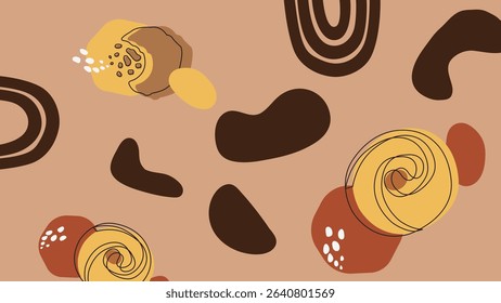 Cheerful layout featuring gingerbread cookies, bitten desserts, and candy hearts on a warm beige backdrop with flowing red and brown dessert-inspired shapes.