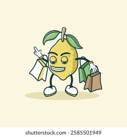 A cheerful lemon cartoon character is depicted happily carrying shopping bags suggesting a shopping spree or a retail experience.