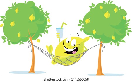 Cheerful Lemon Character Lay in Hammock with Fresh Drink - Vector Illustration Isolated on White
