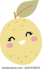 A cheerful lemon character with a leaf, featuring a smiling face in a playful cartoon style. The image depicts a joyful citrus fruit with expressive eyes and a leafy top. Cartoon vector illustration.