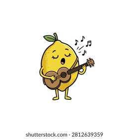 A cheerful lemon character sings while playing a guitar with musical notes around.
