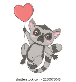 cheerful lemur flies in a heart-shaped balloon