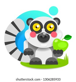 Cheerful Lemur With Pink Cheeks Sits On The Grass And Smiles. Vector Logo