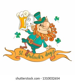 Cheerful leprechaun with beer for St. Patrick's day. Vector