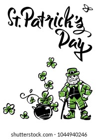 Cheerful leprechaun with a cane
. On the background of a pot of gold and an Irish shamrock. Hand drawn illustration. Isolated art on white background.