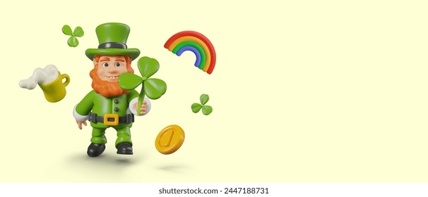 Cheerful leprechaun carries four leaf clover, decorative elements float around