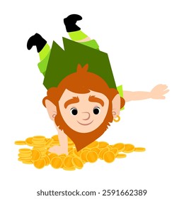 A cheerful leprechaun elf stands on one hand on a pile of gold coins