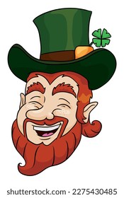 Cheerful Leprechaun with ginger beard and hair, green top hat decorated with four-leaf clover. Face in cartoon style.