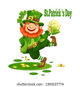 Cheerful leprechaun in a green hat with a mug of beer. Postcard to the St. Patrick's Day.