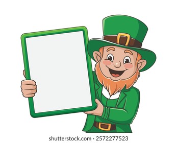 Cheerful Leprechaun Holding a Blank Sign Board. Saint Patrick's Day vector illustration for greeting card, leaflet, banner, poster etc