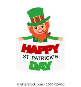 Cheerful leprechaun holds a poster that says "Happy St. Patrick's Day"