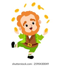 A cheerful leprechaun juggles gold coins