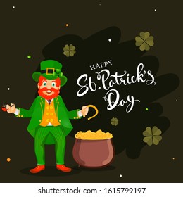 Cheerful Leprechaun Man Character holding Smoking Pipe with Horseshoe and Coins Pot on Olive Green Background for Happy St. Patrick's Day.