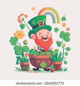 Cheerful Leprechaun Man Character Standing On Garden With Clover Plant And Rainbow For St Patrick's Day Concept.