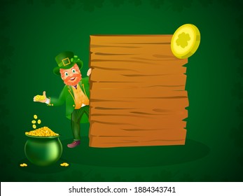 Cheerful Leprechaun Man Showing Golden Coins Pot And Wooden Board On Green Background For St. Patrick's Day Celebration.