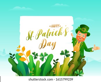 Cheerful Leprechaun Man Showing Happy St. Patrick's Day Text in White Paper on Paper Cut Leaves Landscape Blue Background.