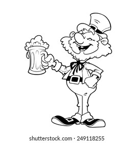 Cheerful leprechaun with a mug of beer outlined on a white background