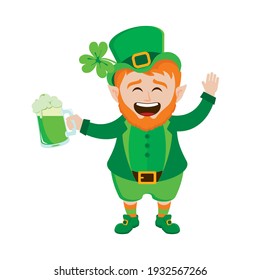 Cheerful leprechaun with mug of green beer icon vector. Happy St. Patrick's Day icon. Laughing cute leprechaun with beer icon isolated on a white background