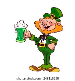 Cheerful leprechaun with a mug of green beer. Vector illustration on a white background.