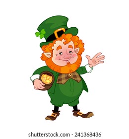 Cheerful leprechaun with a pot of gold. Cartoon character on a white background.