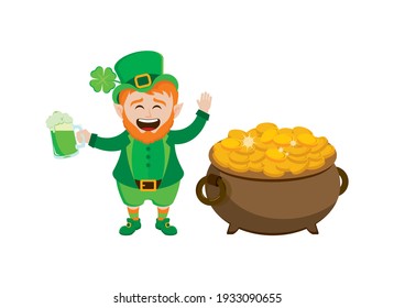 Cheerful leprechaun with a pot of gold and mug of green beer icon vector. Happy St. Patrick's Day icon. Laughing cute leprechaun with a pot of gold coins and beer icon isolated on a white background