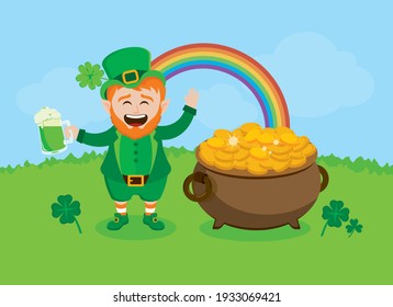Cheerful leprechaun with a pot of gold on a spring meadow vector. Happy St. Patrick's Day Poster. Laughing cute leprechaun with a pot of gold, mug of green beer and rainbow vector