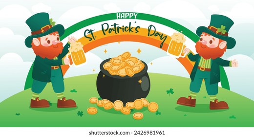 Cheerful Leprechaun With Pot of Gold And Rainbow Celebrate Saint Patrick's Day, Vector, Illustration