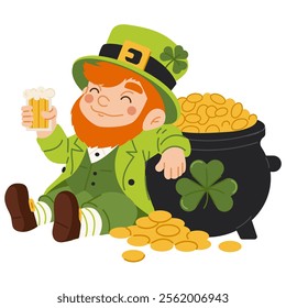 Cheerful Leprechaun Relaxing with Gold and Beer