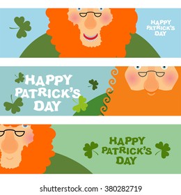 cheerful leprechaun Set of cards, Web banners for your site. jolly old man with a Red Beard. Happy Patricks day. Patriotic holiday Ireland 