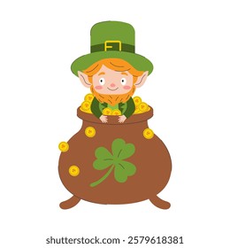 A cheerful leprechaun sits in a pot full of gold coins. This is a classic image, perfect for celebrating St. Patrick's Day and other Irish holidays.