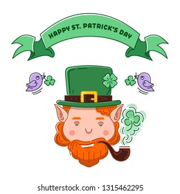 Cheerful leprechaun smoking a pipe under the banner with a traditional greeting inscription. Happy St. Patrick's Day. Color vector illustration in the flat style