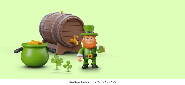 Cheerful leprechaun stands near wooden barrel with mug of foamy drink