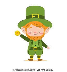 A cheerful leprechaun in a traditional green costume holds a gold coin in his hand. This bright illustration is perfect for celebrating St. Patrick's Day and other Irish holidays.