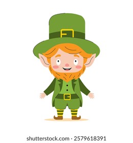 A cheerful leprechaun in a traditional green costume holds a glass of beer in his hand. This bright illustration is perfect for celebrating St. Patrick's Day and other Irish holidays.