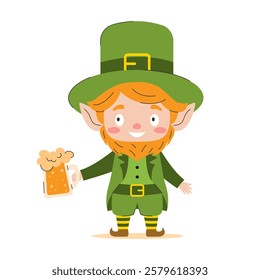 A cheerful leprechaun in a traditional green costume holds a glass of beer in his hand. This bright illustration is perfect for celebrating St. Patrick's Day and other Irish holidays.