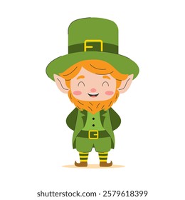 A cheerful leprechaun in a traditional green costume holds a glass of beer in his hand. This bright illustration is perfect for celebrating St. Patrick's Day and other Irish holidays.